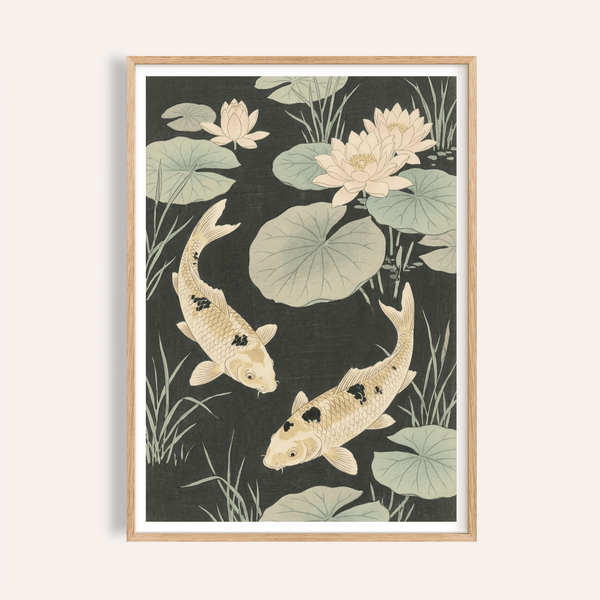 Japanese Koi Carp Art in Green, Black, Beige, Yellow for living room wall art print