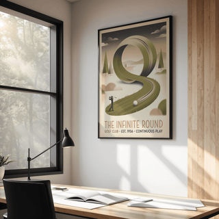 Retro sports illustration displaying winding fairway path and single golf ball