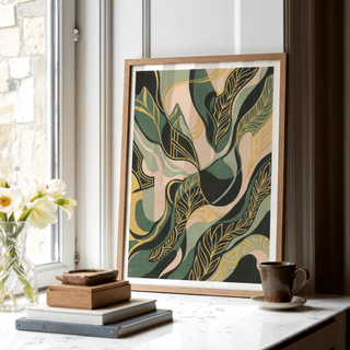 Modern Abstract Leaf Art Print in pink and green for office wall art