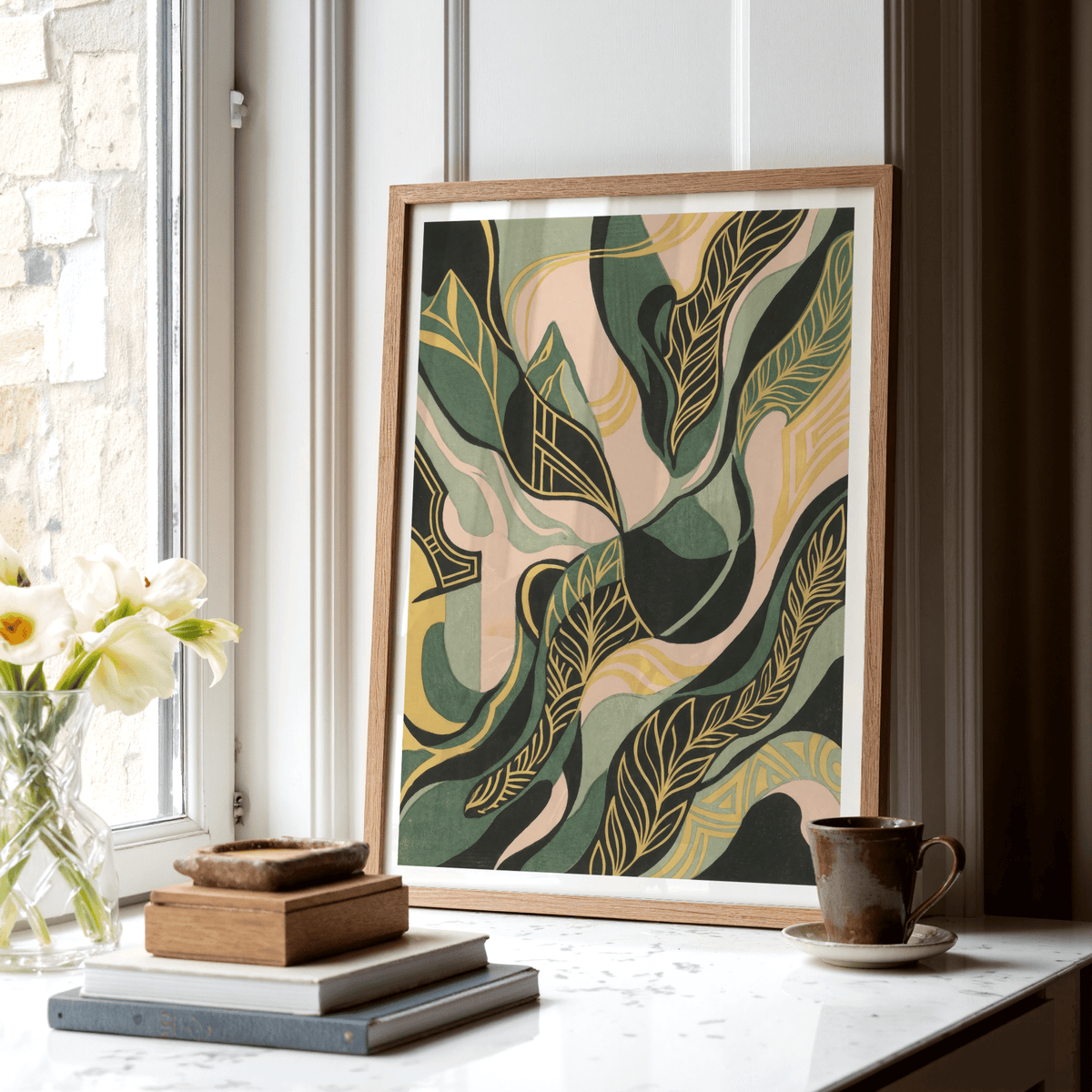 Modern Abstract Leaf Art Print in pink and green for office wall art