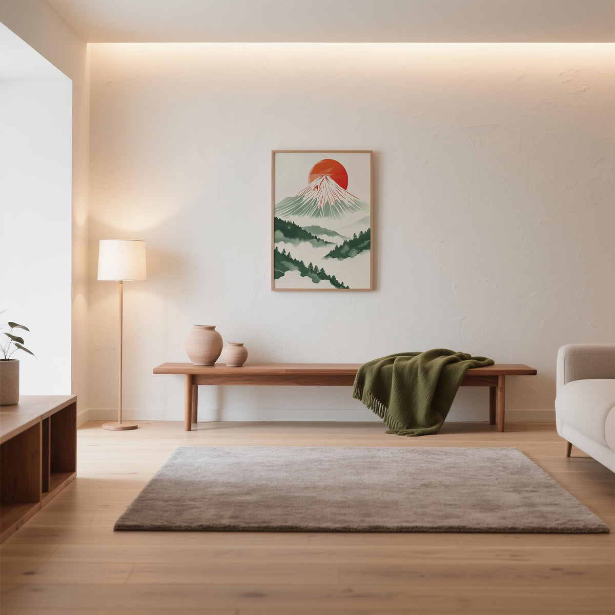 Minimalist nature scene in Contemporary Japanese Prints with red circle sun.