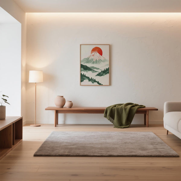 Minimalist nature scene in Contemporary Japanese Prints with red circle sun.