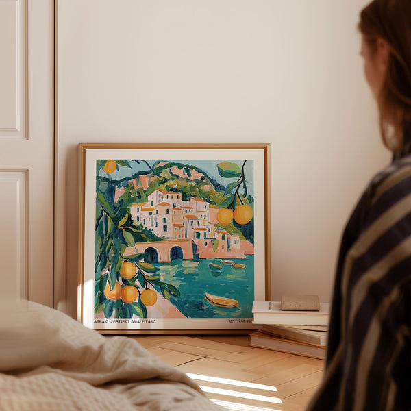 Amalfi Coast Painting featuring stone bridge, pastel buildings, and citrus trees.