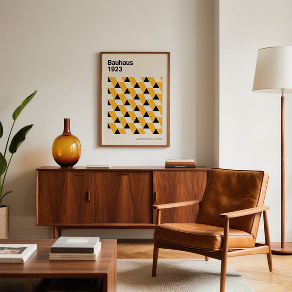 Yellow and black Bauhaus Poster 1923 paired with neutral home decor.