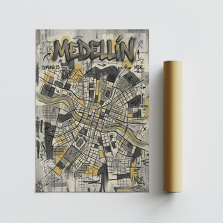 Left side urban map print showing Comuna 13 note, curved route line, and sketch textures