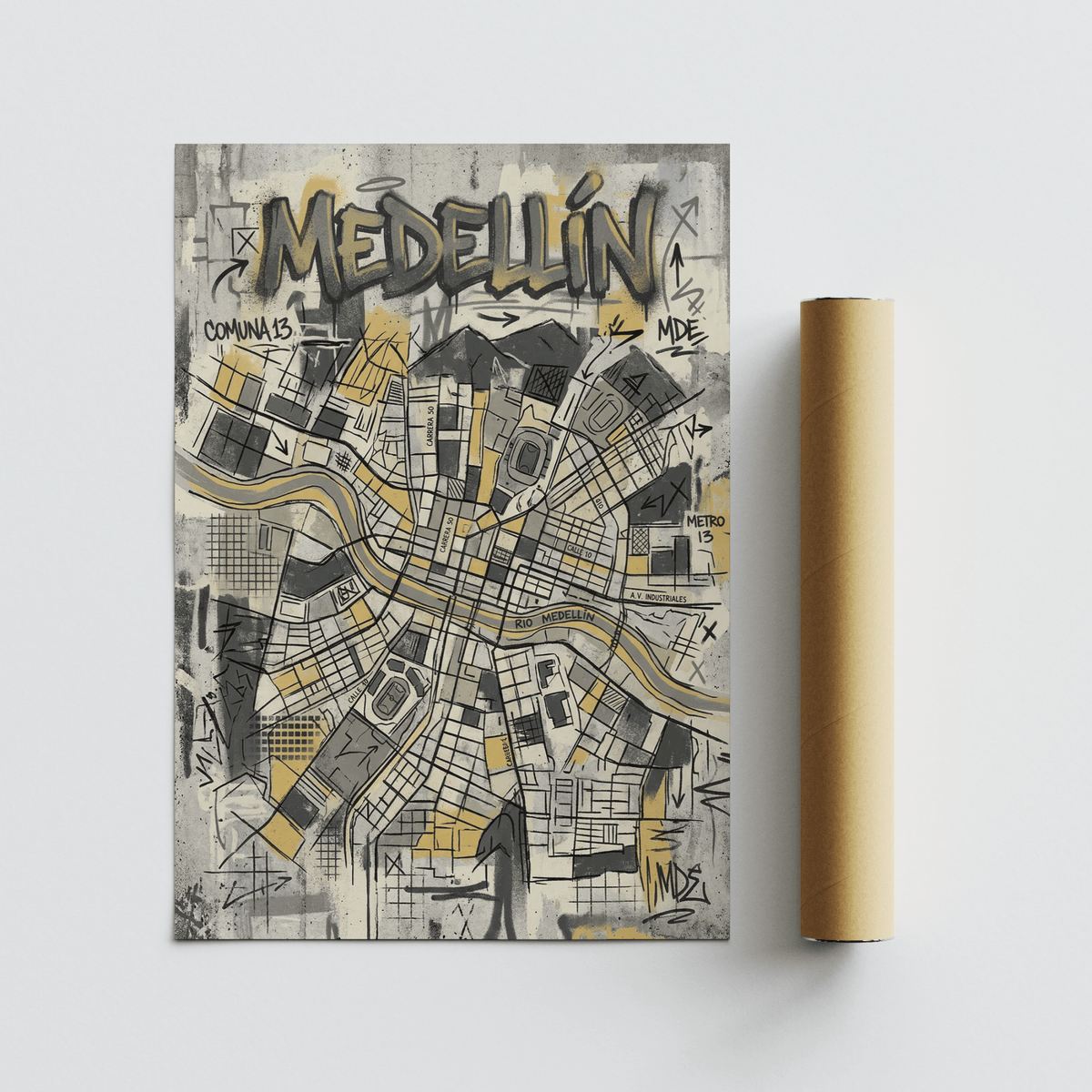 Left side urban map print showing Comuna 13 note, curved route line, and sketch textures