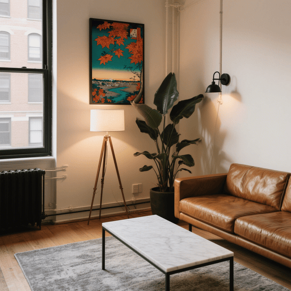 Japanese Landscape Art Print with bold blue sky and beige houses for living room art print