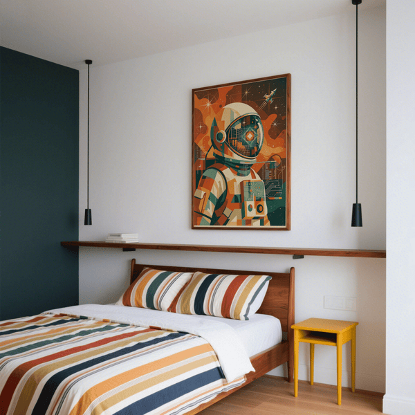 Retro Astronaut Poster for children's room in Orange and Blue wall art style