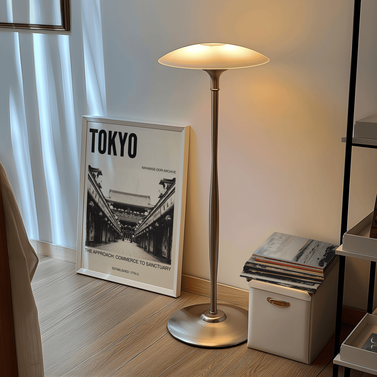 Minimal black and white Tokyo street poster print with strong vanishing point and temple gate architecture