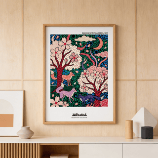 Showcasing Sakura Spirit Wall Art print with dotted background, falling petals, and stylized clouds