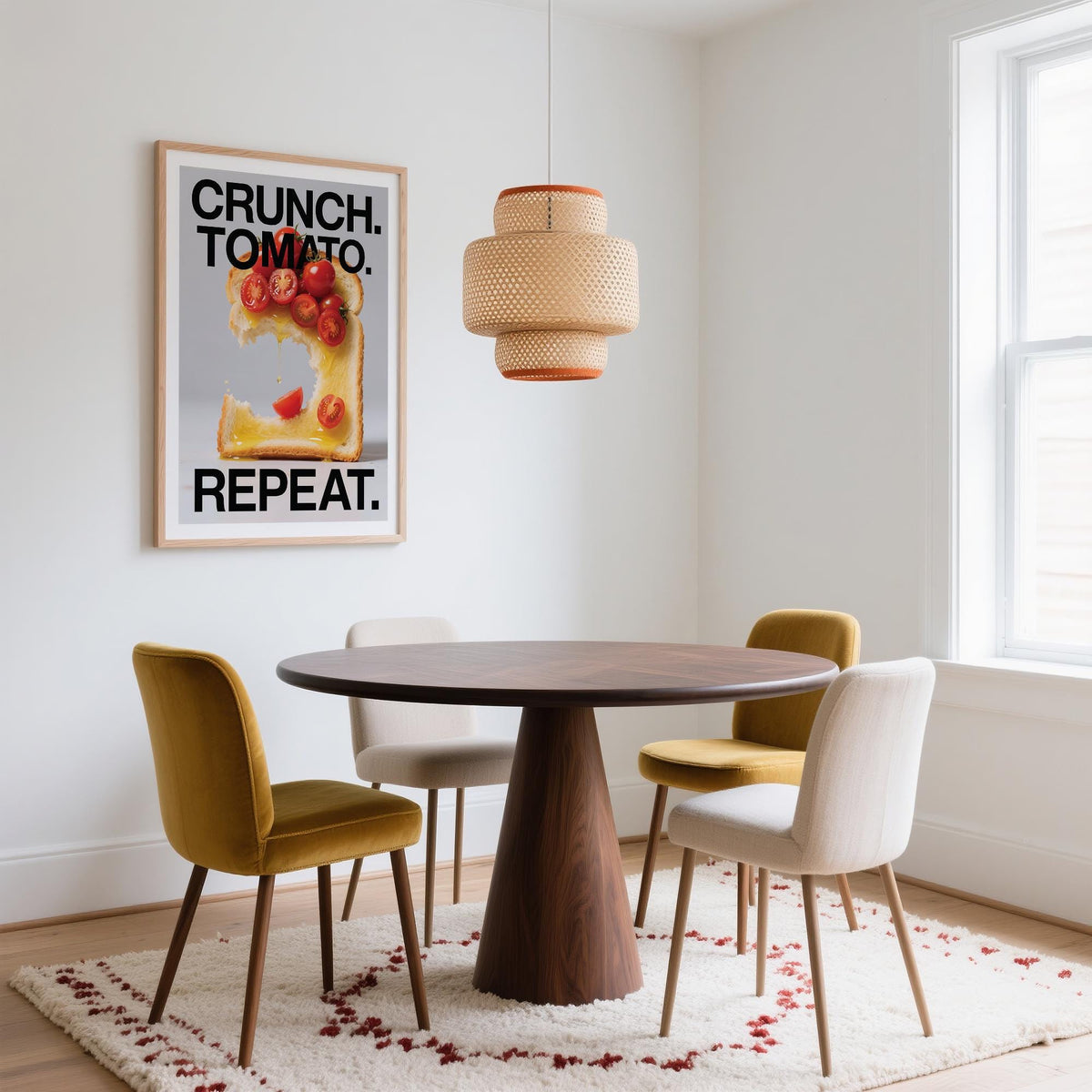 Bright cherry tomatoes over toast, featured in Dining Table Wall Art for kitchen decor.