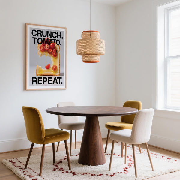 Bright cherry tomatoes over toast, featured in Dining Table Wall Art for kitchen decor.