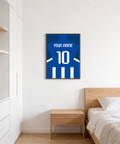 Featuring a Blue and White football shirt poster with YOUR NAME text and number 10