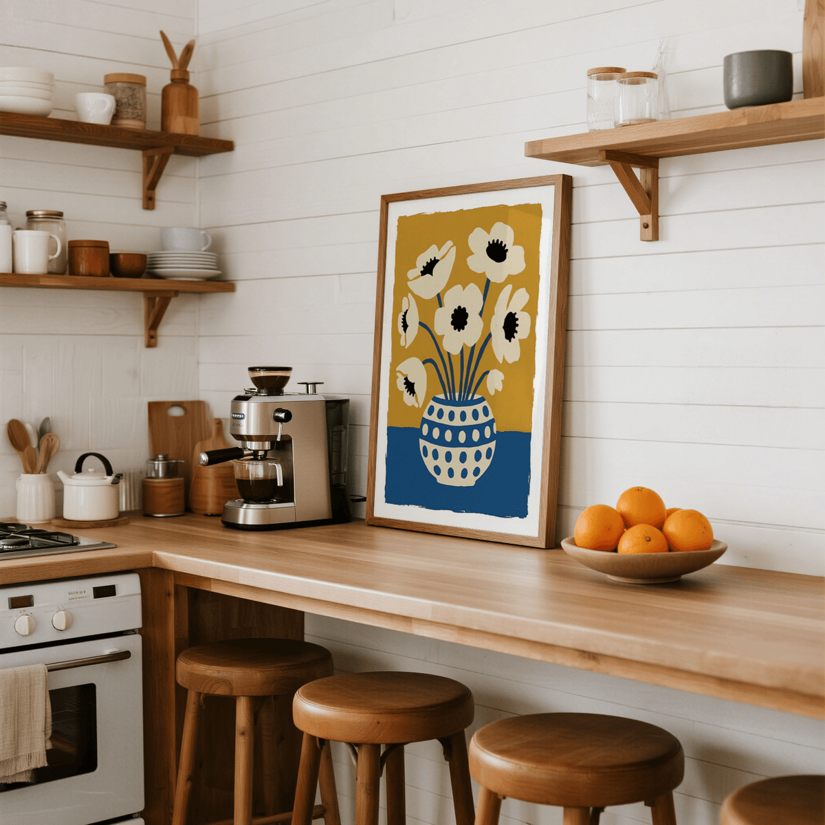Flower Art Print featuring beige blooms and blue vase, bedroom decor