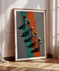 Contemporary Biking Wall Art poster featuring five riders and dramatic shadow silhouettes