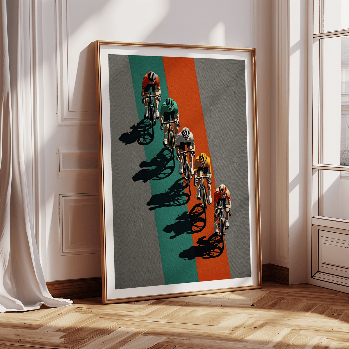 Contemporary Biking Wall Art poster featuring five riders and dramatic shadow silhouettes