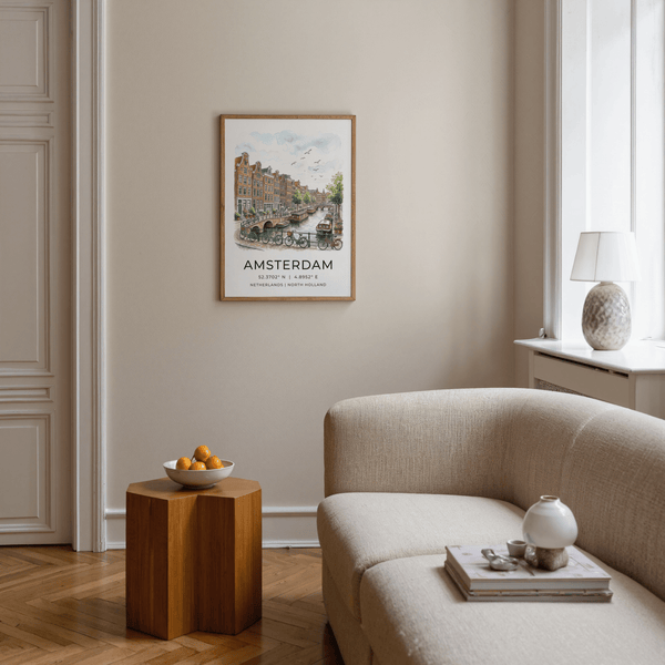 Illustrated Amsterdam canal print with bicycles along the bridge railing