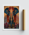 Vertical elephant print wall art with ornate patterning, central motif emphasis, and dense tiled surface texture