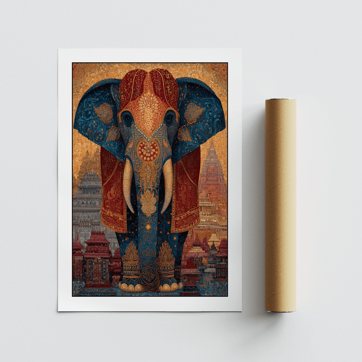 Vertical elephant print wall art with ornate patterning, central motif emphasis, and dense tiled surface texture