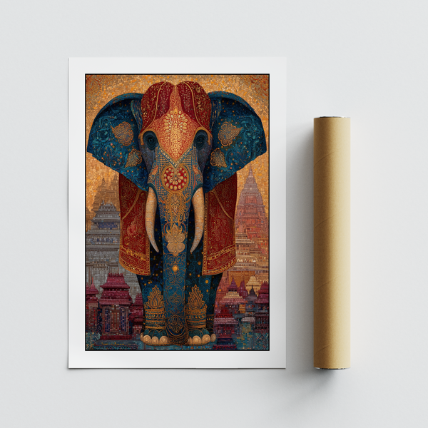 Vertical elephant print wall art with ornate patterning, central motif emphasis, and dense tiled surface texture