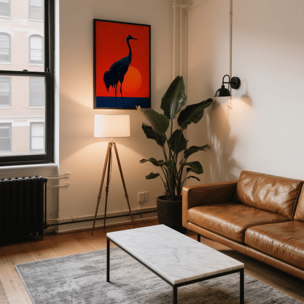 Cranes Silhouette Art Print featuring blue and yellow shades for hallway