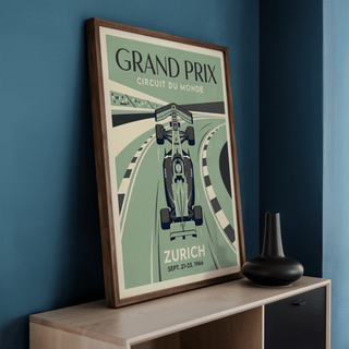 Graphic racing wall art print featuring a formula-style car and striped track border
