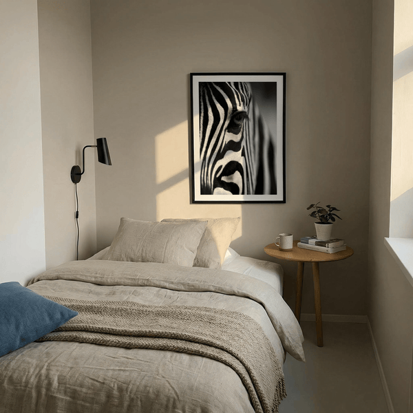 Minimalist black and white zebra portrait for modern gallery wall