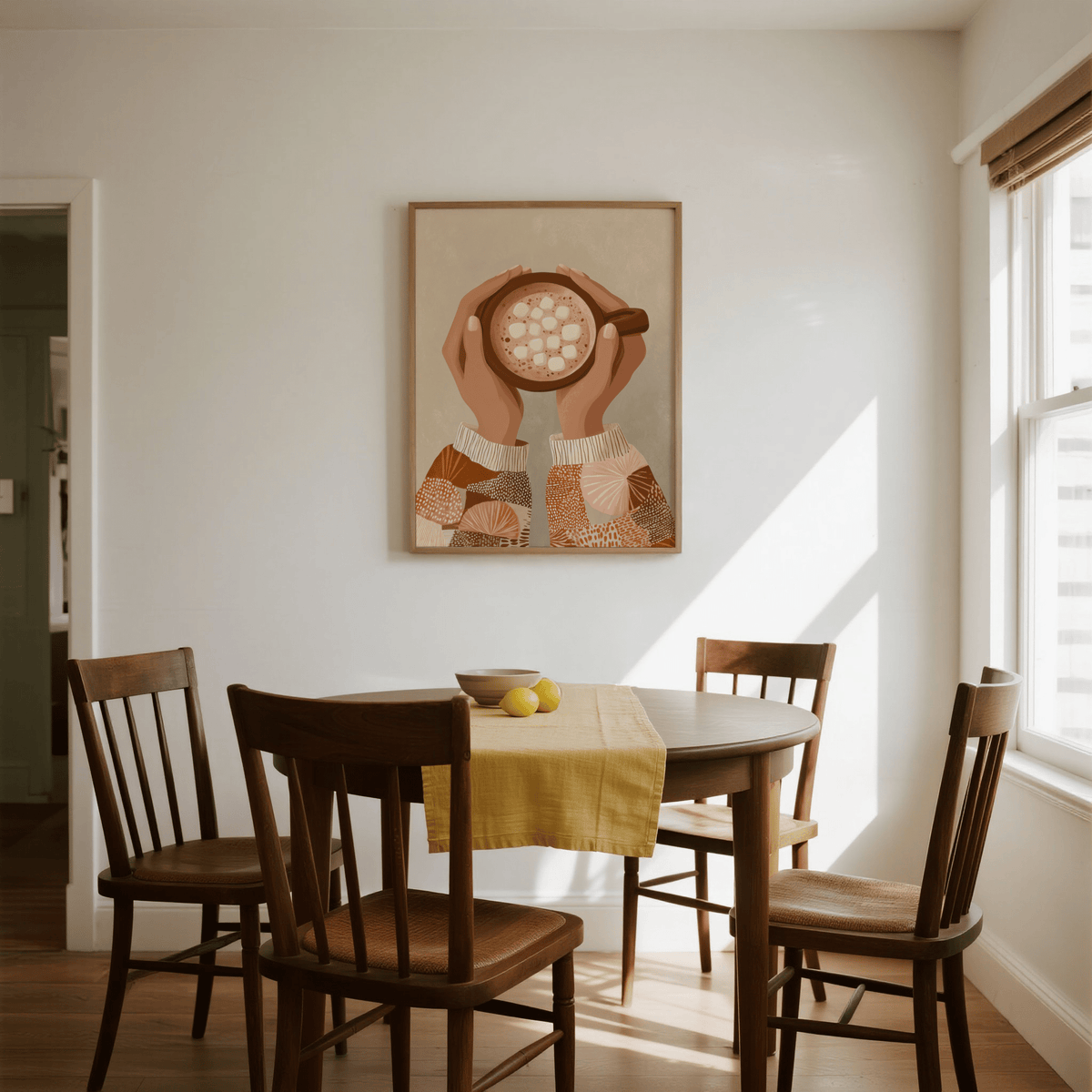 Cute Coffee Art Print for cozy bedroom decor in beige and pink shades