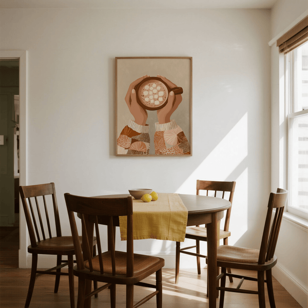 Cute Coffee Art Print for cozy bedroom decor in beige and pink shades