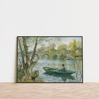 Fishing Boat Art Print with peaceful waters, Green Blue Multicolored, living room