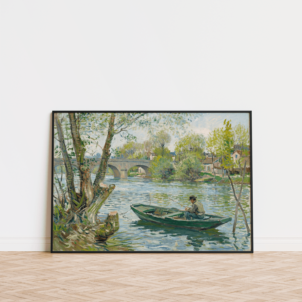 Fishing Boat Art Print with peaceful waters, Green Blue Multicolored, living room