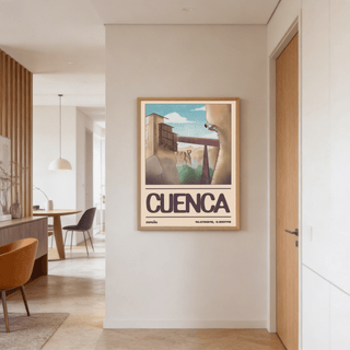 Vintage-style destination poster with canyon landscape, bridge span, and large CUENCA text