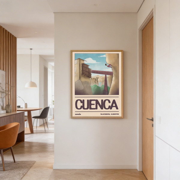 Vintage-style destination poster with canyon landscape, bridge span, and large CUENCA text