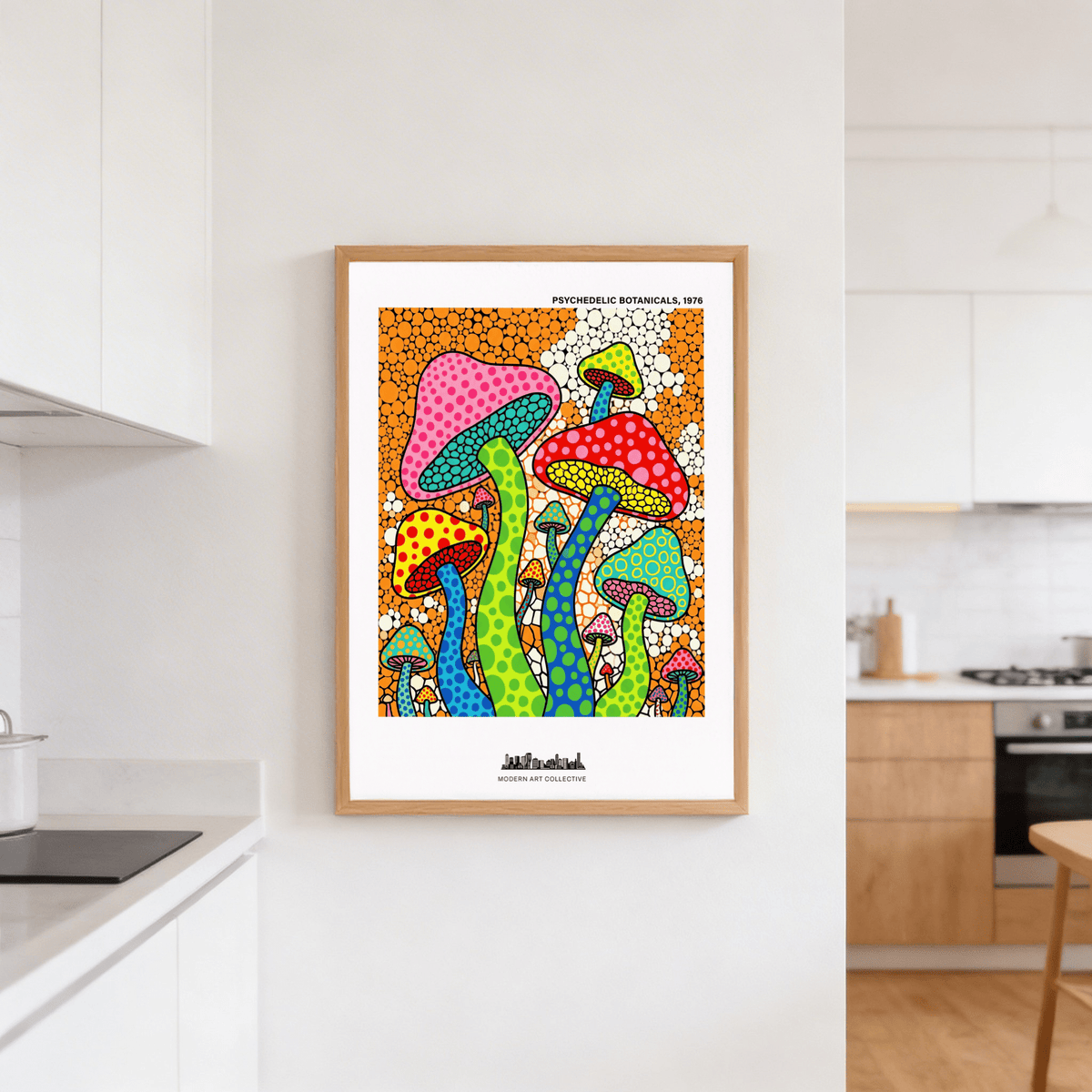 Psychedelic Mushroom Art Print with oversized mushrooms and all-over bubble background