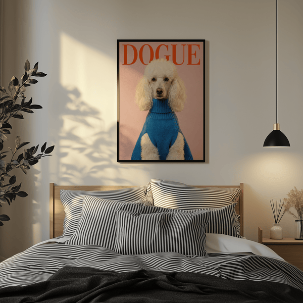 Dogue Poodle Print with blue sweater, pink background, perfect for bedroom