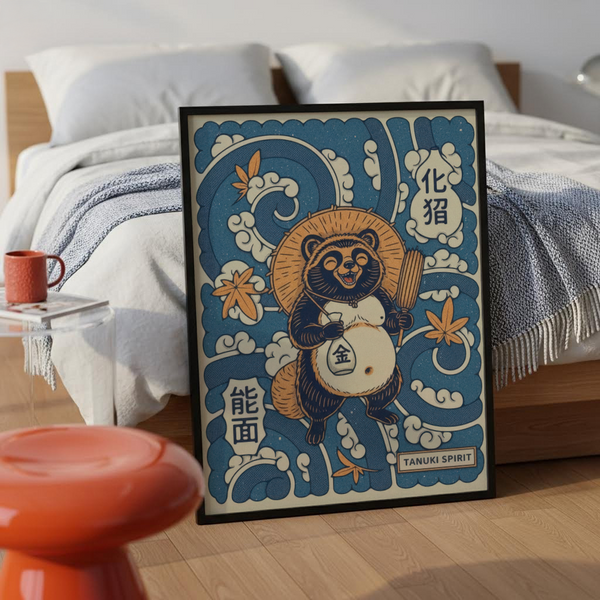 Illustrated Tanuki Art Print poster showing tanuki holding a broom and coin pouch with kanji