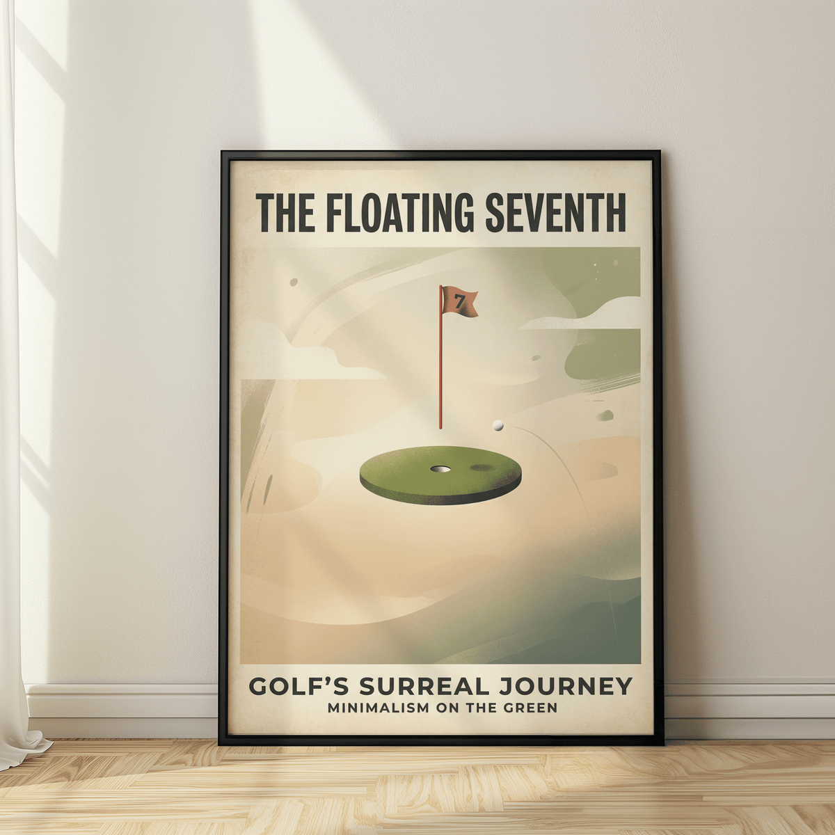 Typography golf poster print reading THE FLOATING SEVENTH with a hovering green