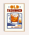 Old Fashioned Art Print with Orange, Brown, and Blue for home bar wall art