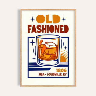 Old Fashioned Art Print with Orange, Brown, and Blue for home bar wall art