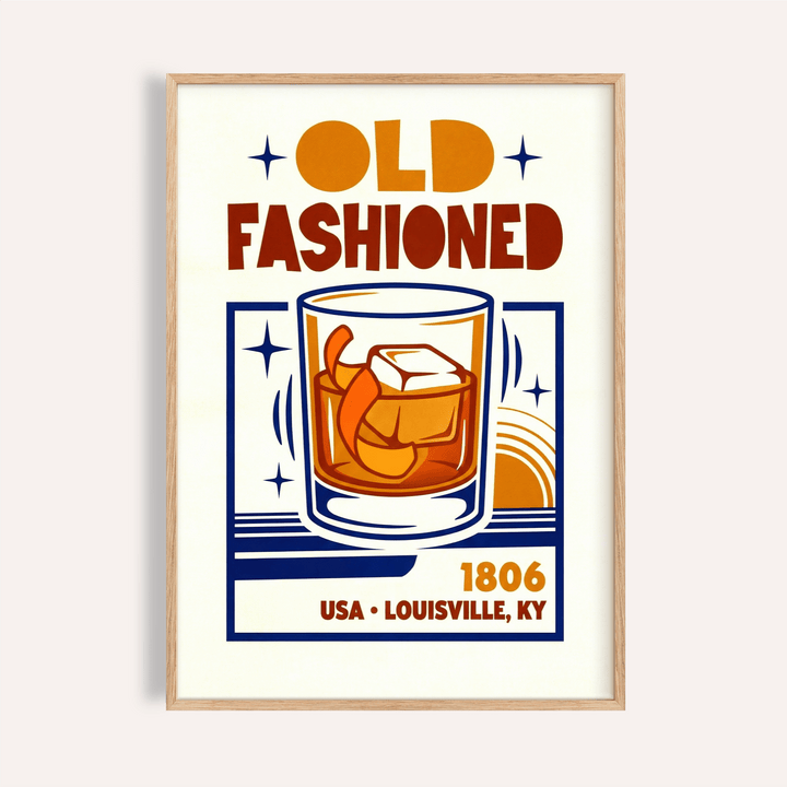 Old Fashioned Art Print with Orange, Brown, and Blue for home bar wall art