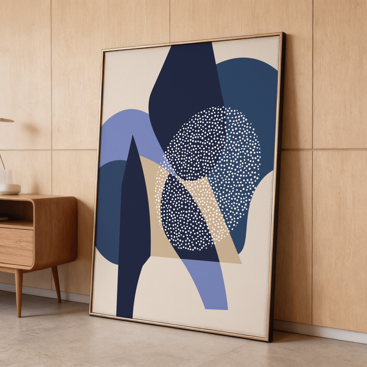 Minimalist composition poster showing dotted circular texture over intersecting shapes