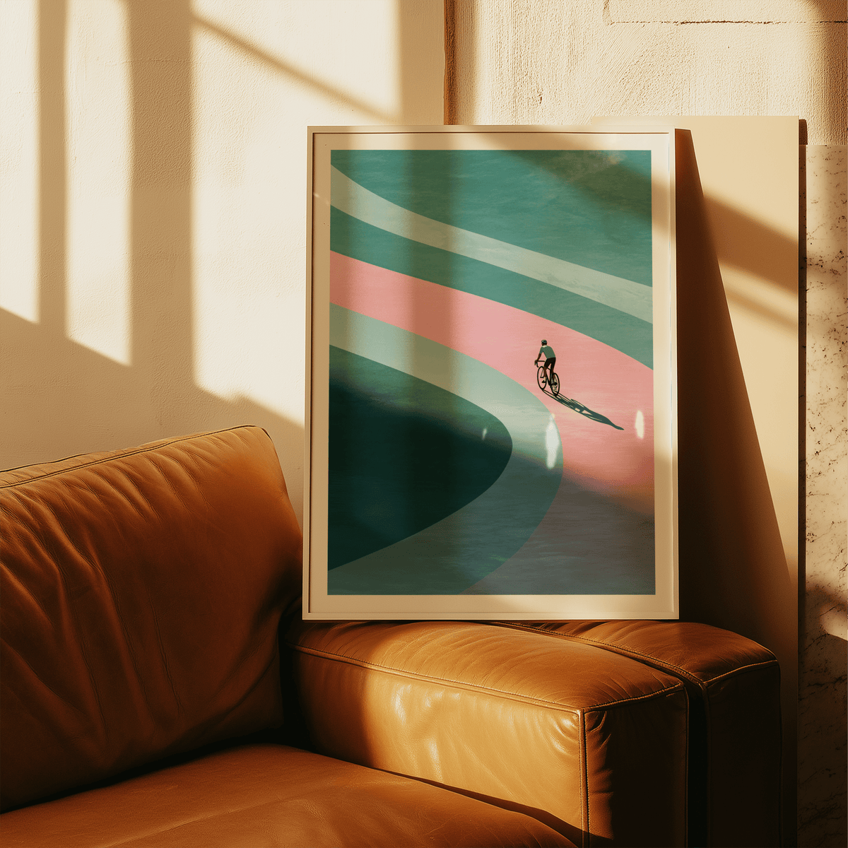 Graphic bike rider artwork with flowing abstract roadway