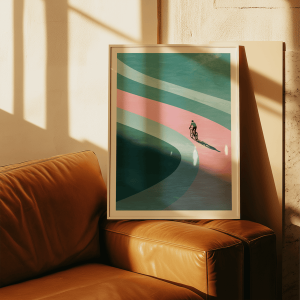 Graphic bike rider artwork with flowing abstract roadway