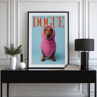 Funny Daschund Print for modern decor, using brown, blue, and pink