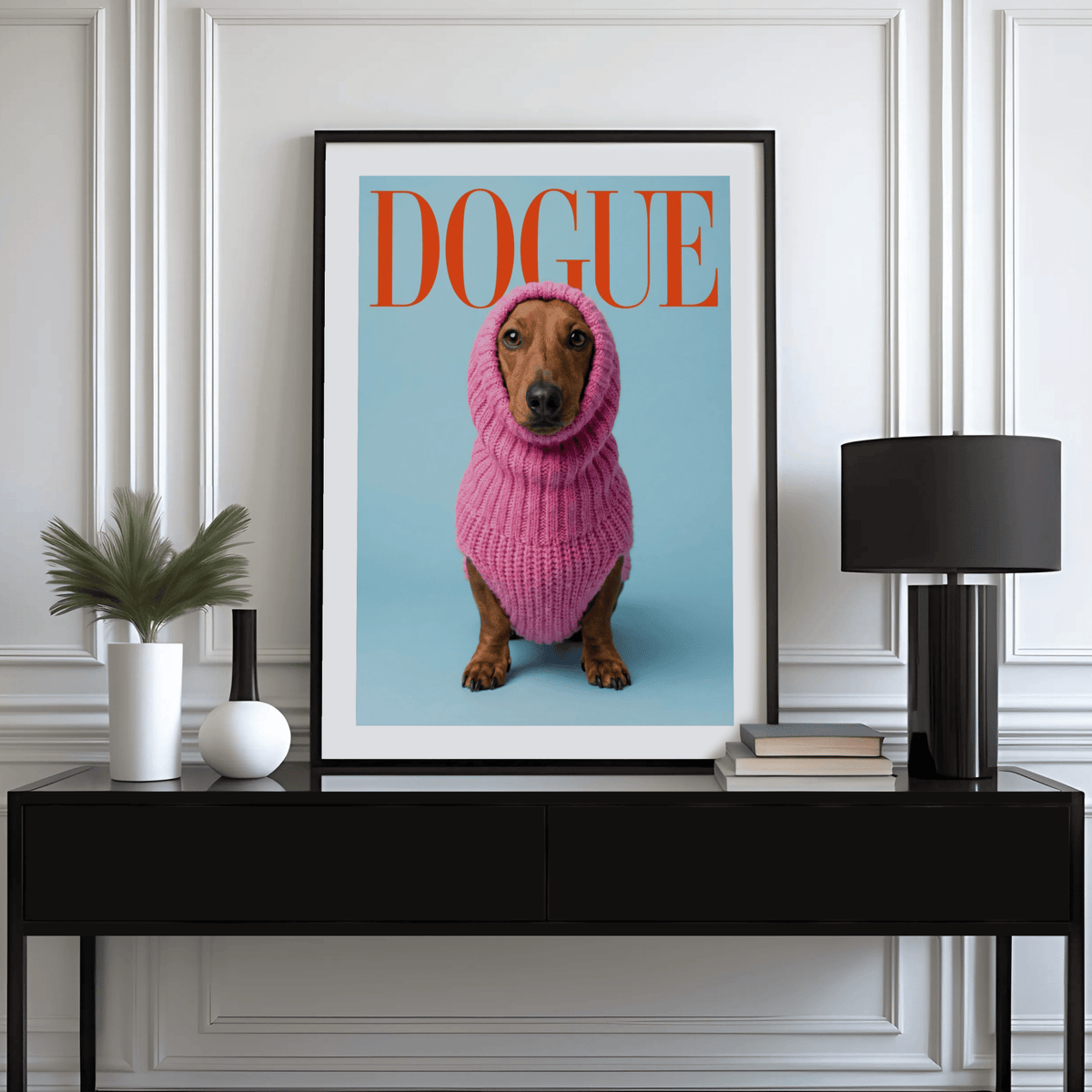 Funny Daschund Print for modern decor, using brown, blue, and pink