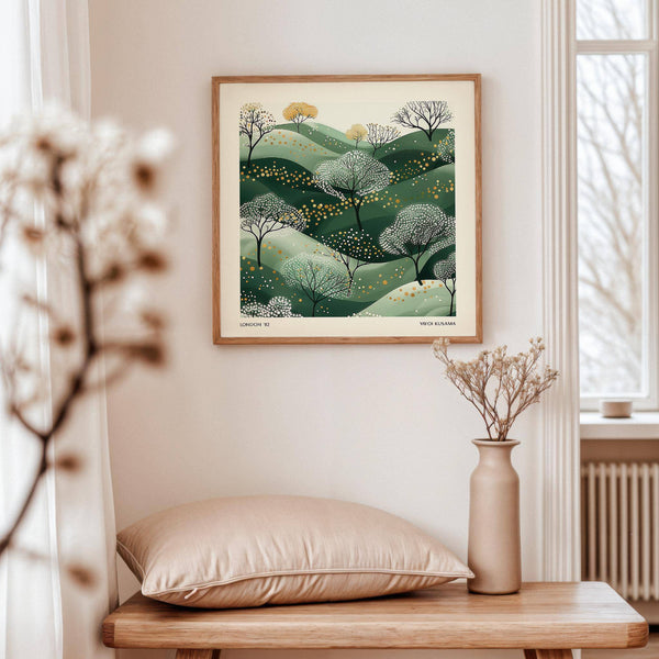 Japanese wall art green featuring peaceful hill landscape