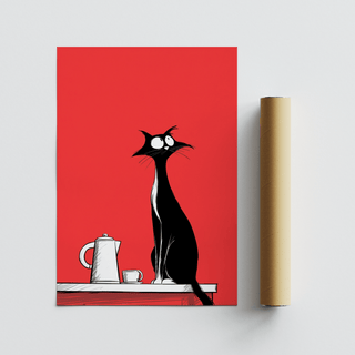 Whimsical Cat Wall Art for office decor, black cat on red wall art