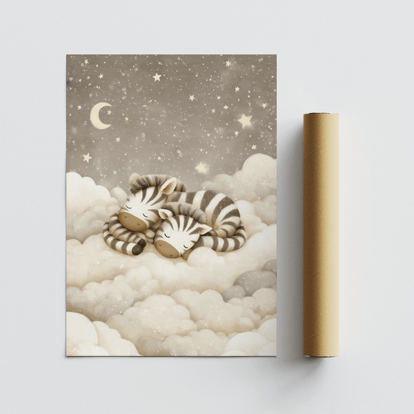 Charming Zebra Nursery Art with beige, white clouds, children's room art