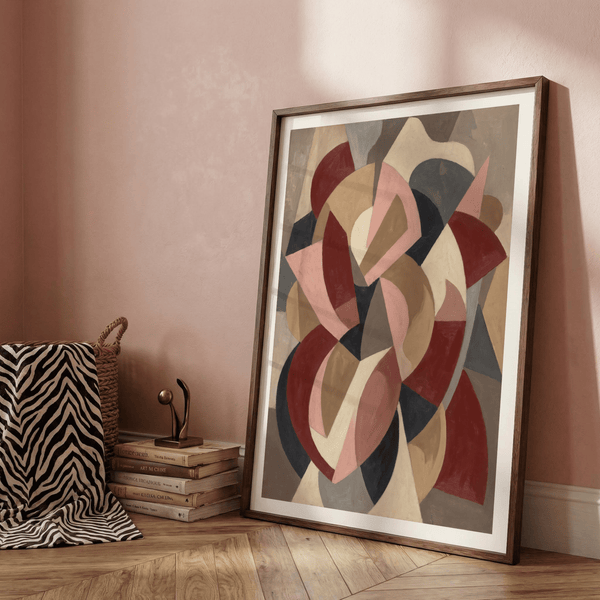 Modern abstract wall print of interwoven curves and wedges
