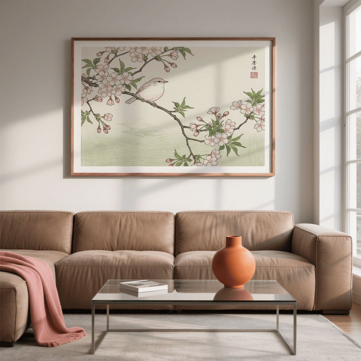 Minimal songbird wall art surrounded by delicate cherry flowers